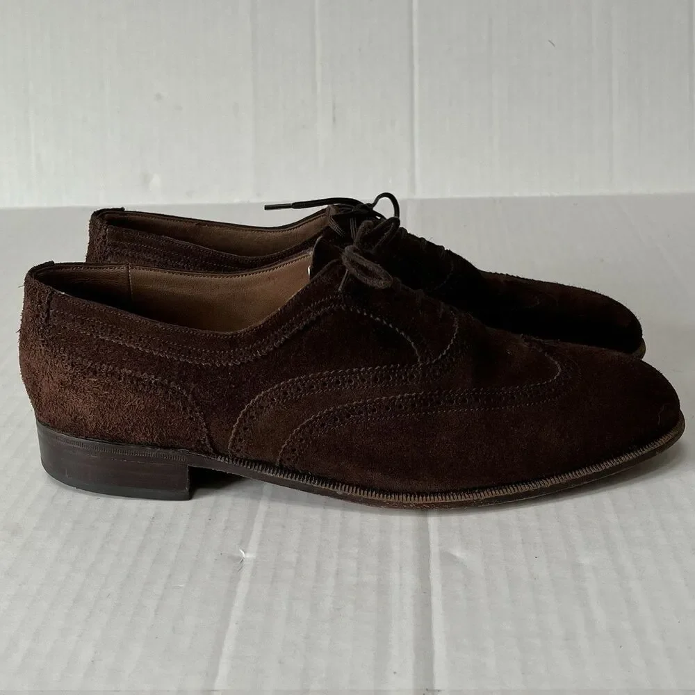 Bally Mens Sz 9.5 Brown Suede Wingtip Oxford Derby Brogue Shoes Made in Italy